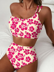 Women High Waisted Bikini Sets One Shoulder Floral Print Swimsuits 2 Piece Tummy Control Bathing Suits