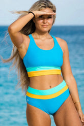 Women High Waisted Bikini Sets Two Piece Swimsuit Color Block Sporty Athletic Moderate Coverage Bathing Suits