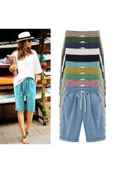 Women Elastic Waist Knee Length Casual Cotton Bermuda Shorts with Drawstring