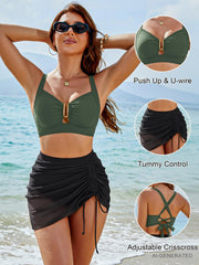 Women High Waisted Push Up Bikini Sets Mesh Tummy Control Swim Skirt
