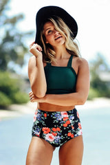 Women Bikini Sets High Neck Tropical Leaf Print High Waisted Two Pieces Swimsuits Bathing Suits