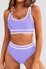 Women High Waisted Bikini Sets Sporty Two Piece Swimsuits Color Block Cheeky High Cut Bathing Suits