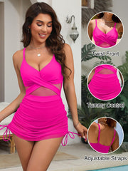 Women One Piece Swimsuit Twist Front Swim Dress Tummy Control Bathing Suit