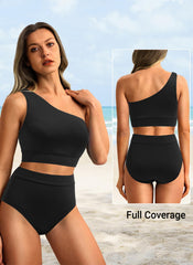 Women One Shoulder High Waisted Bikini Sets Two Piece Swimsuit Tummy Control-Pink