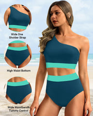 Women One Shoulder High Waisted Bikini Sets Two Piece Swimsuit Tummy Control-Pink
