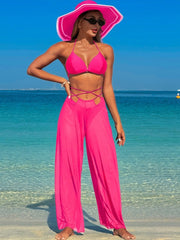 Women 3 Piece Bikini Sets with Mesh Cover Up Pants Halter Cheeky Thong Swimsuits Sexy Bathing Suits