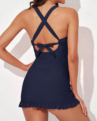 Women Deep V Cross Back Ruched One Piece Swimdress Tummy Control Bathing Suits