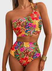 Women High Waisted Bikini Sets One Shoulder Floral Print Swimsuits 2 Piece Tummy Control Bathing Suits