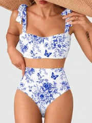 Women Tie Shoulder Bikini Sets 2 Piece Striped Swimsuits High Waisted Bathing Suits