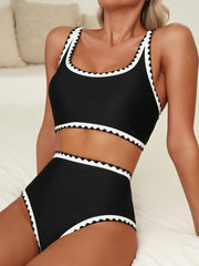 Women Bikini Sets Floral Print Whip Stitch 2 Piece Swimsuits High Waisted Scoop Bathing Suits