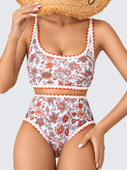 Women Bikini Sets Floral Print Whip Stitch 2 Piece Swimsuits High Waisted Scoop Bathing Suits