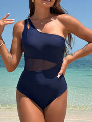Women One Piece Swimsuits Tummy Control Mesh Patchwork Bathing Suit One Shoulder Adjustable Straps