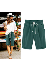 Women Elastic Waist Knee Length Casual Cotton Bermuda Shorts with Drawstring