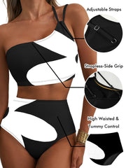 Women High Waisted Bikini Sets One Shoulder Floral Print Swimsuits 2 Piece Tummy Control Bathing Suits