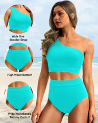 Women One Shoulder High Waisted Bikini Sets Two Piece Swimsuit Tummy Control-Pink