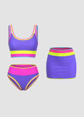 Women Color Contrast Patchwork Nylon Sporty 3 Piece Bikini Sets