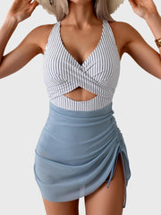 Women Mesh One Piece Swimdress Swimsuit Tummy Control V Neck Cutout Bathing Suit
