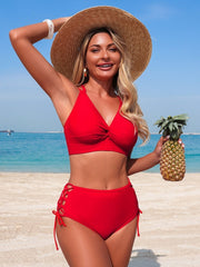 Women Sexy V Neck 2 Piece Bikini Sets Cheeky High Cut Tie Side Bathing Suit Summer Beach Swimwear