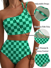 Women High Waisted Bikini Sets One Shoulder Floral Print Swimsuits 2 Piece Tummy Control Bathing Suits