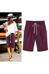 Women Elastic Waist Knee Length Casual Cotton Bermuda Shorts with Drawstring