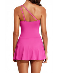 Women One Piece Swim Dress One Shoulder Swimsuit with Skirt