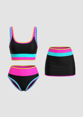 Women Color Contrast Patchwork Nylon Sporty 3 Piece Bikini Sets