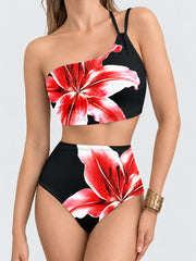 Women High Waisted Bikini Sets One Shoulder Floral Print Swimsuits 2 Piece Tummy Control Bathing Suits