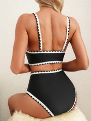 Women Bikini Sets Floral Print Whip Stitch 2 Piece Swimsuits High Waisted Scoop Bathing Suits