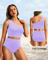 Women One Shoulder High Waisted Bikini Sets Two Piece Swimsuit Tummy Control-Pink