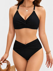Women High Waisted Bikini Sets Matel Tummy Control Swimsuits V Neck Twist Front Bathing Suit