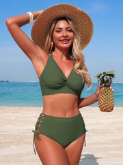 Women Sexy V Neck 2 Piece Bikini Sets Cheeky High Cut Tie Side Bathing Suit Summer Beach Swimwear