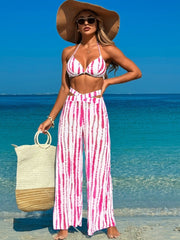 Women 3 Piece Bikini Sets with Mesh Cover Up Pants Halter Cheeky Thong Swimsuits Sexy Bathing Suits