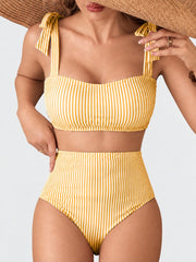Women Tie Shoulder Bikini Sets 2 Piece Striped Swimsuits High Waisted Bathing Suits
