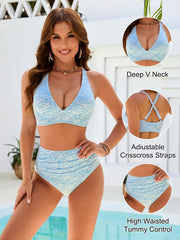 Women Embroidery Print High Waisted Bikini Sets V Neck Tummy Control Bathing Suit Two Piece Curvy Swimsuits