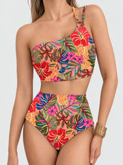 Women High Waisted Bikini Sets One Shoulder Floral Print Swimsuits 2 Piece Tummy Control Bathing Suits