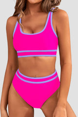 Women High Waisted Bikini Sets Sporty Two Piece Swimsuits Color Block Cheeky High Cut Bathing Suits