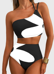 Women High Waisted Bikini Sets One Shoulder Floral Print Swimsuits 2 Piece Tummy Control Bathing Suits
