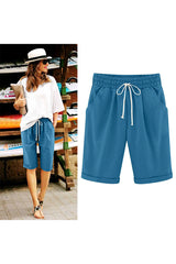 Women Elastic Waist Knee Length Casual Cotton Bermuda Shorts with Drawstring