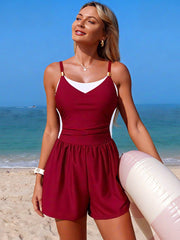 Women One Piece Tummy Control Bathing Suits Color Block Full Coverage Swim Rompers