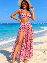 Women 3 Piece Bikini Cover Up Pants Beach Swimsuit Sheer High Waisted Split Loose Wide Leg Trousers