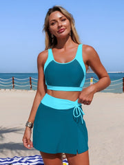 Women Two Piece Tankini Swimsuits Padded Strappy Sports Bra Yoga Tops Swim Side Slit Skirted Swimsuit Swim Skort Set