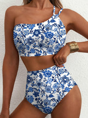 Women High Waisted Bikini Sets One Shoulder Floral Print Swimsuits 2 Piece Tummy Control Bathing Suits