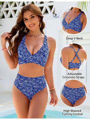 Women Embroidery Print High Waisted Bikini Sets V Neck Tummy Control Bathing Suit Two Piece Curvy Swimsuits