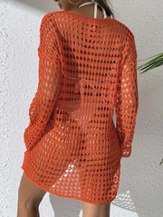 Women Crochet Knit Beach Cover Ups Dress Long Sleeve Hollow Out Sheer Swimsuit Coverups