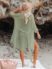 Women Black Solid Color Tie Sun Proof Belt Sexy V Neck Cover Up