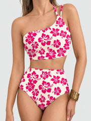 Women High Waisted Bikini Sets One Shoulder Floral Print Swimsuits 2 Piece Tummy Control Bathing Suits