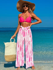 Women 3 Piece Bikini Sets with Mesh Cover Up Pants Halter Cheeky Thong Swimsuits Sexy Bathing Suits