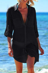 Women Navy Pocket Long Sleeve Cover Up