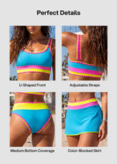 Women Color Contrast Patchwork Nylon Sporty 3 Piece Bikini Sets