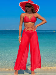 Women 3 Piece Bikini Sets with Mesh Cover Up Pants Halter Cheeky Thong Swimsuits Sexy Bathing Suits